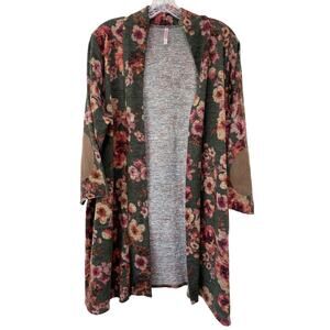 Boho Floral Duster Cardigan Plus Sz 2X Open Front Elbow Patches Hippie Prairie
